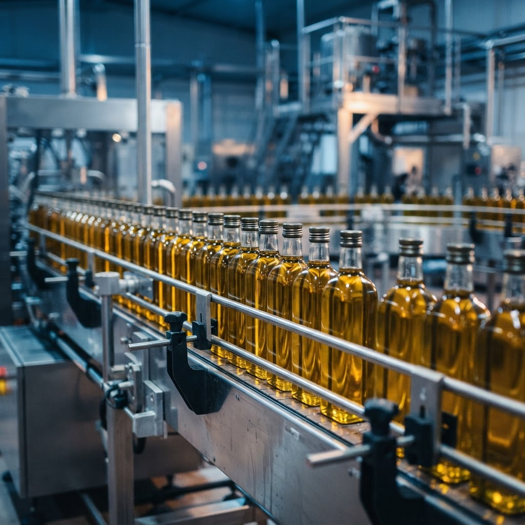 Glass bottles moving along a stainless steel bottling line