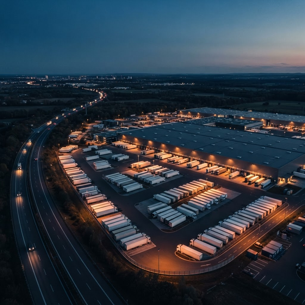 Freight trucks at the loading bays of a distribution hub at dusk