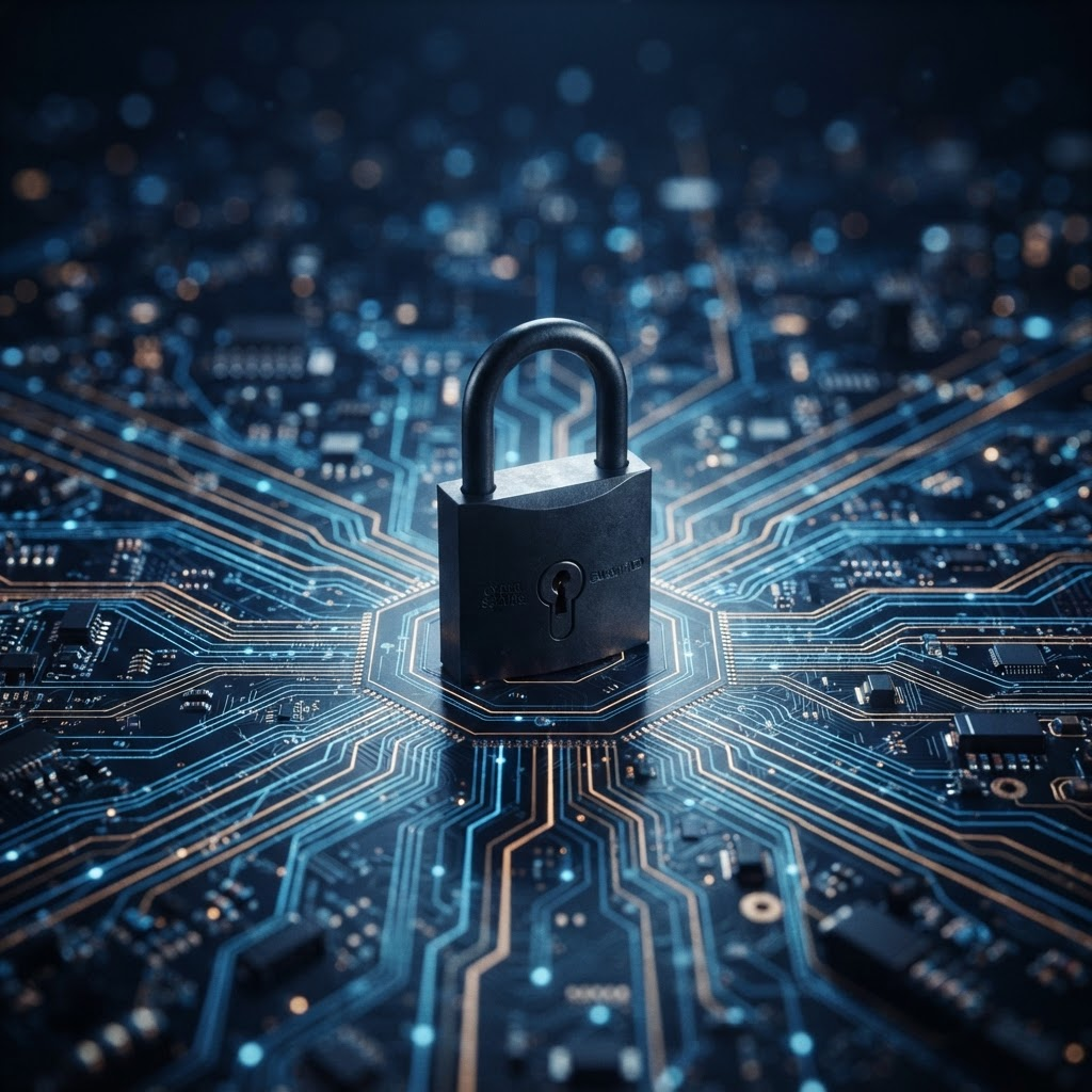 A padlock at the centre of a glowing circuit board