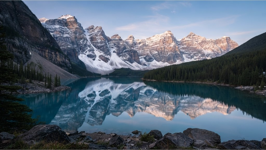 A still alpine lake mirroring snow-capped mountains at dawn
