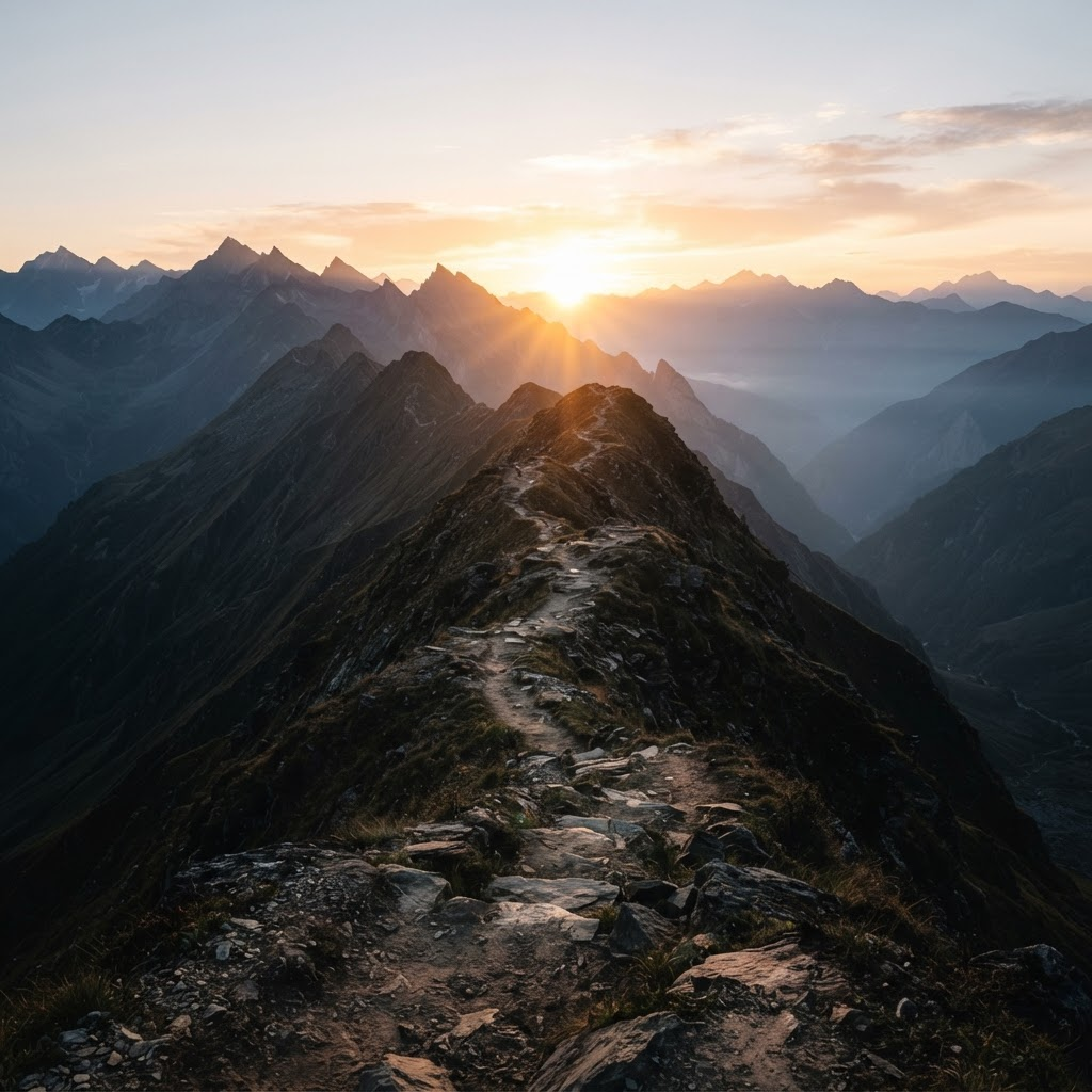 A narrow mountain ridge trail leading towards a bright sunrise