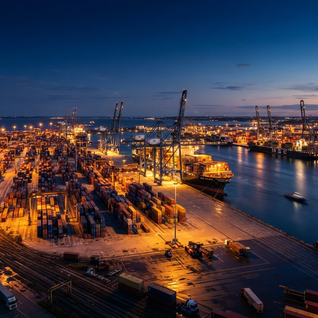 A container port at blue hour with gantry cranes